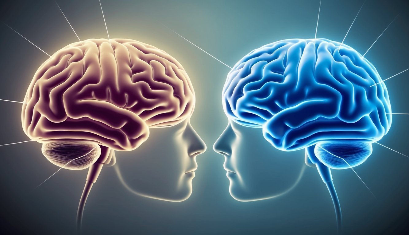 A brain with two compartments, one representing short-term memory and the other representing long-term memory, connected by neural pathways