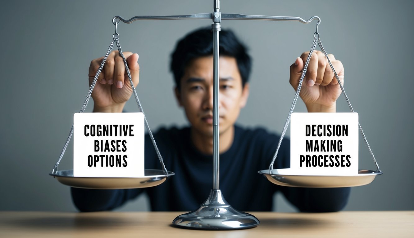 A person weighing options on a scale, with one side labeled "cognitive biases" and the other "decision-making processes"