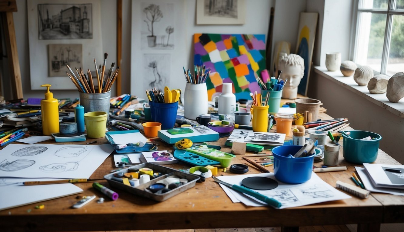 A colorful array of art supplies scattered on a wooden table, surrounded by sketches, paintings, and sculptures, with natural light streaming in through a nearby window