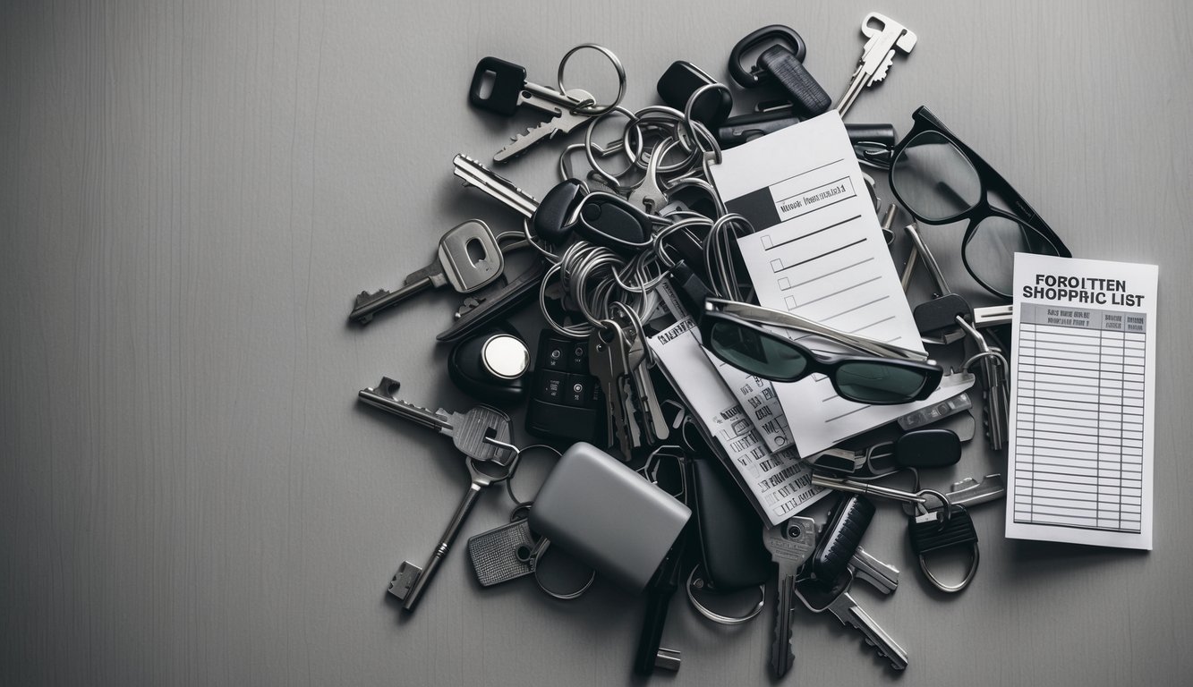 A disorganized pile of scattered items: keys, glasses, and a forgotten shopping list, symbolizing memory loss in aging and dementia