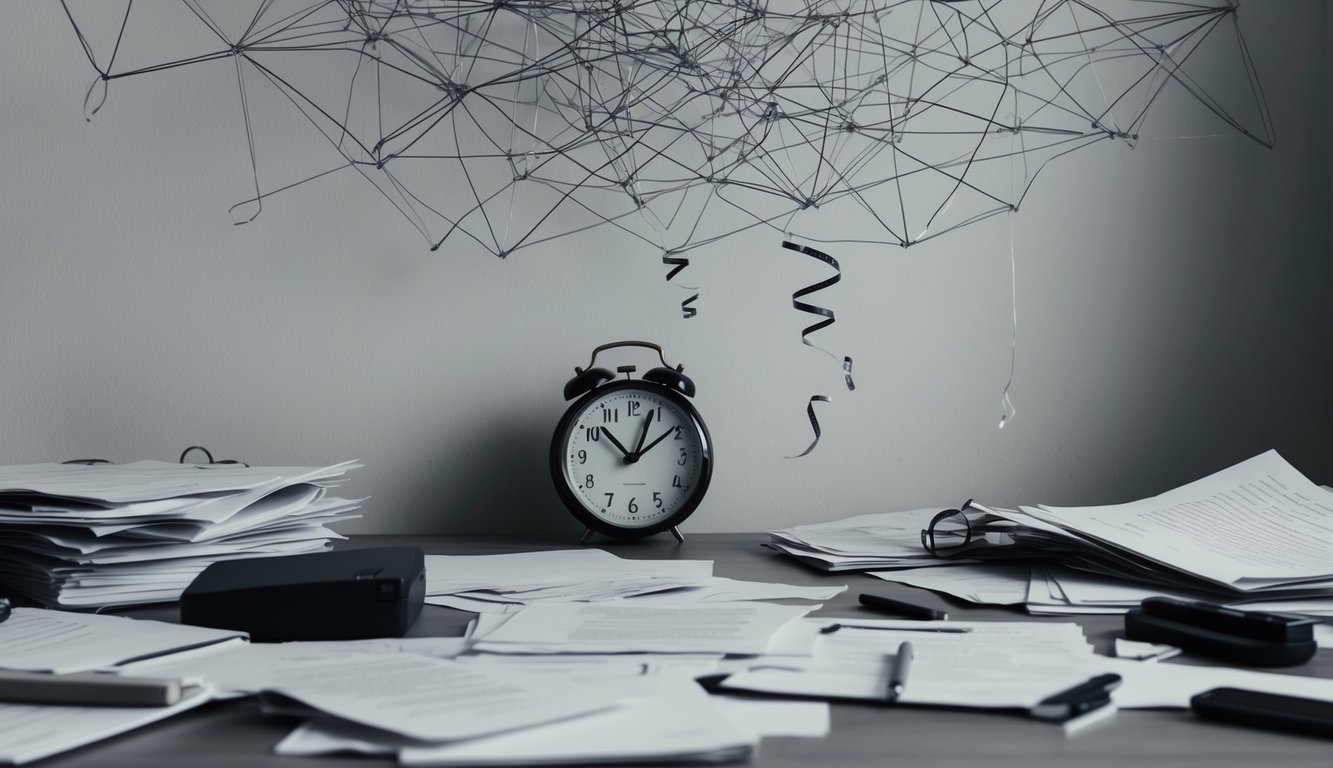 A cluttered desk with scattered papers, a ticking clock, and a tangled web of thoughts symbolizing memory forgetting and loss