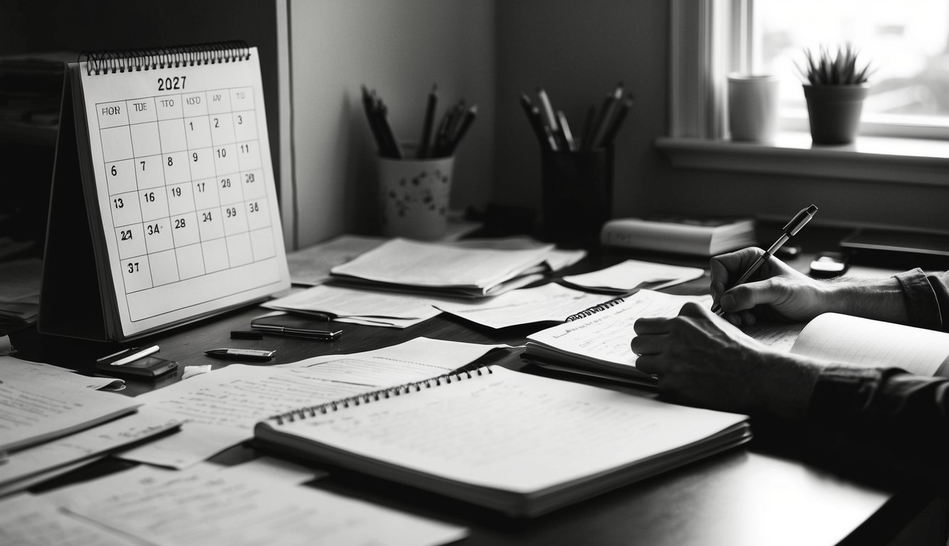 A cluttered desk with scattered papers, a calendar with dates circled, and a person writing notes in a journal