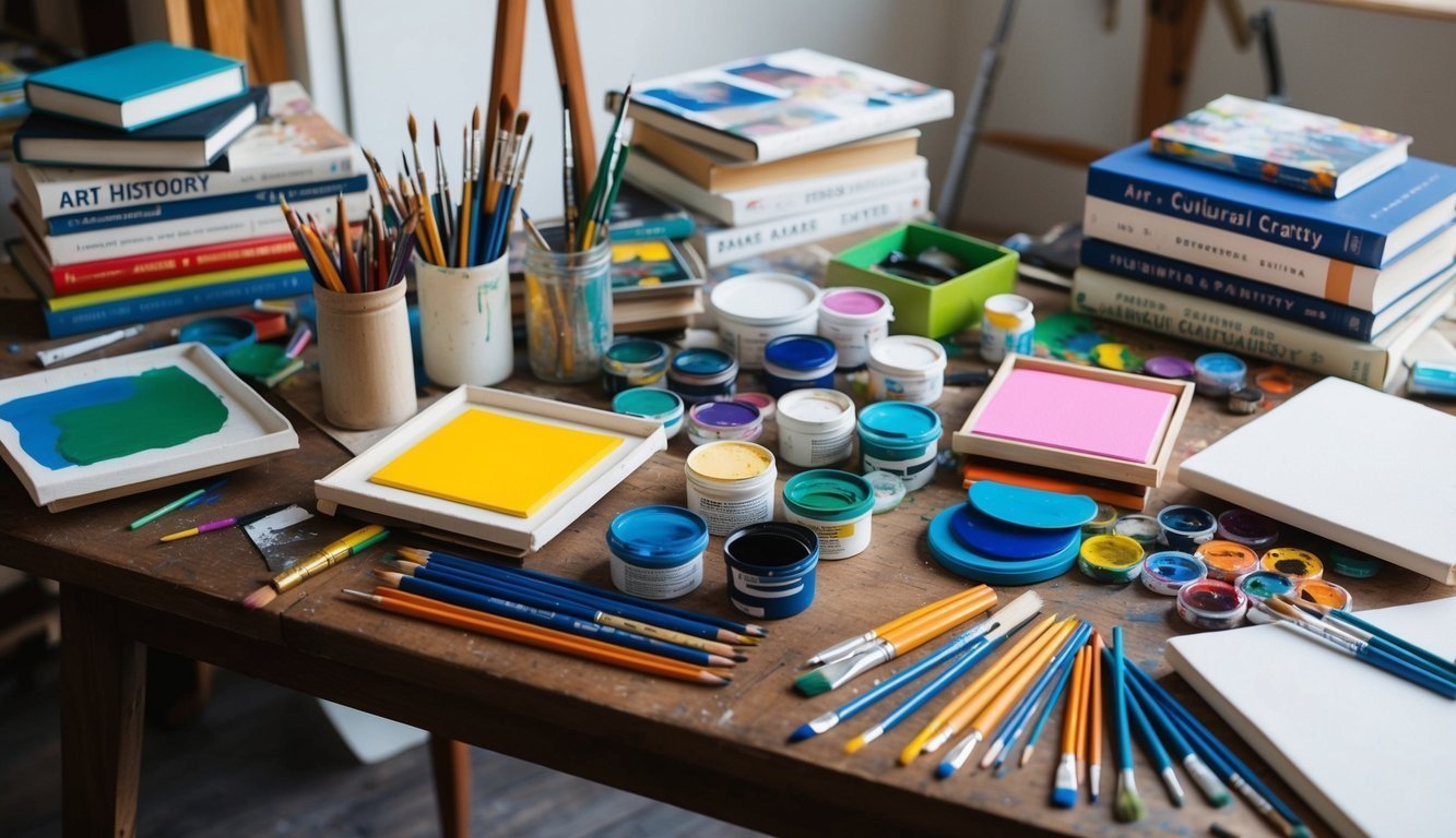 A colorful array of art supplies, including paintbrushes, pencils, and canvases, are spread out on a wooden table, surrounded by books on art history and cultural creativity