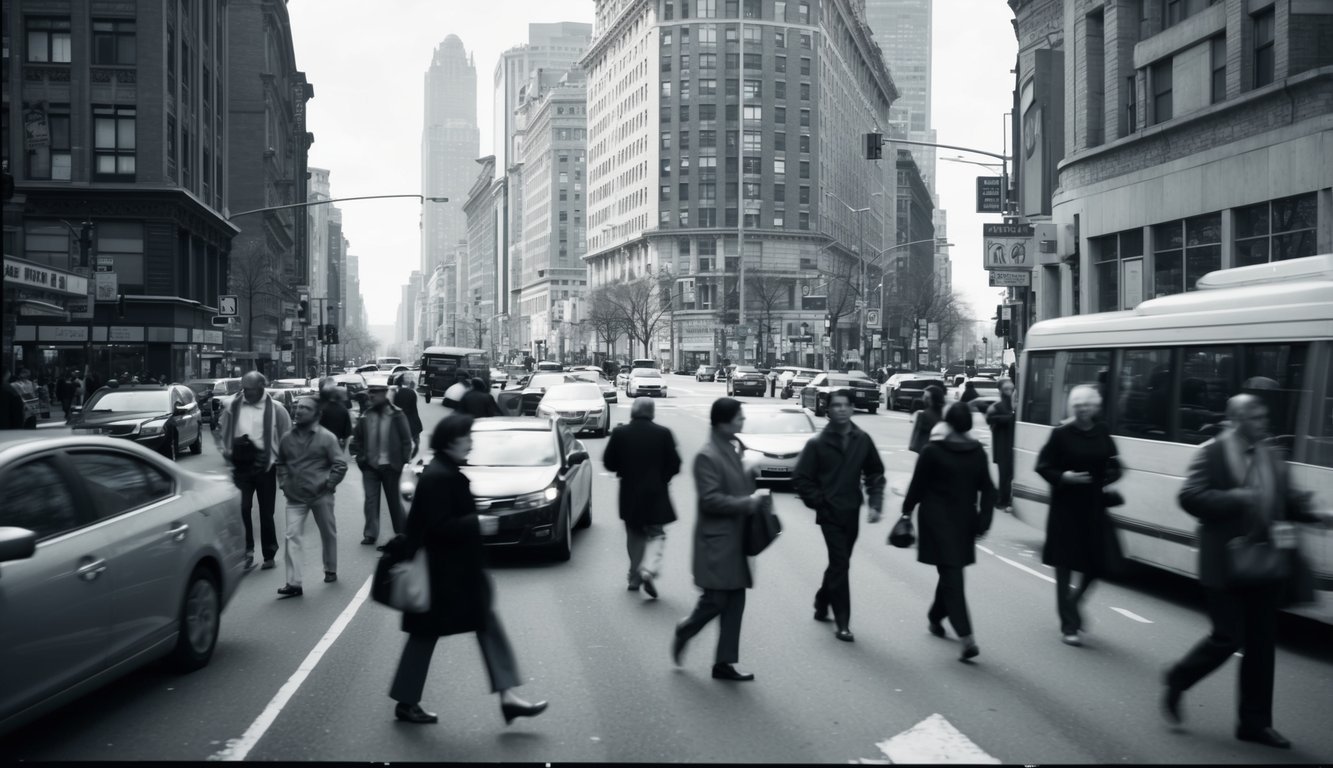 A bustling city street with people walking, cars driving, and buildings towering in the background.</p><p>The scene is filled with movement and energy