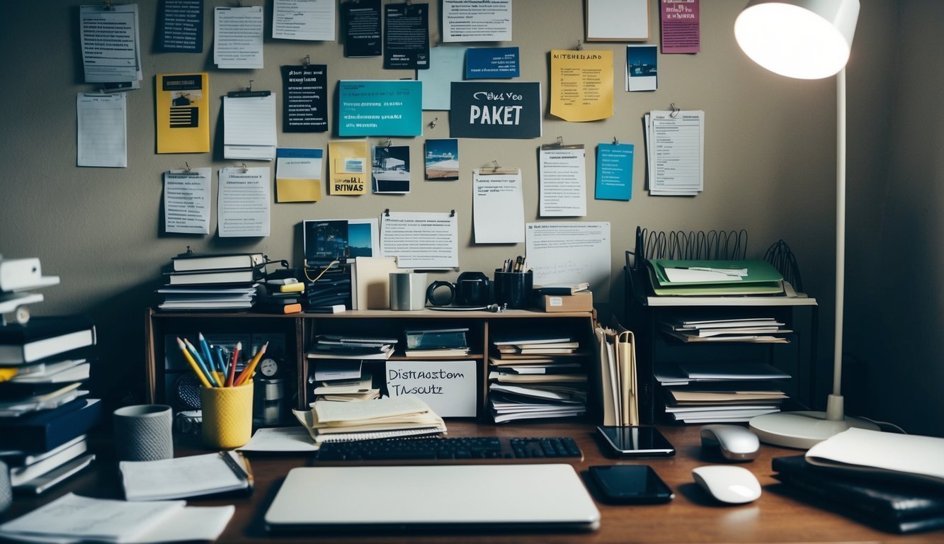 A cluttered desk with various distractions competing for attention