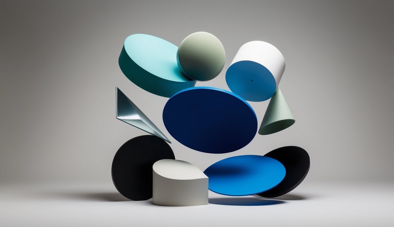 A group of diverse abstract shapes interacting in a dynamic and interconnected manner, representing the complex and multifaceted nature of perception