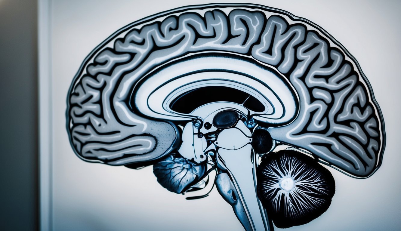 A detailed cross-section of the brain highlighting the brainstem and autonomic regulation structure, clearly labeled with emphasis on key features