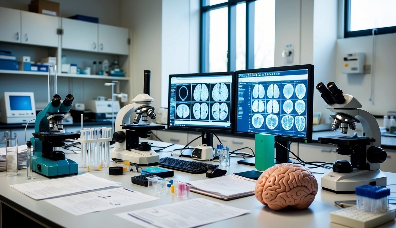 A laboratory setting with various scientific equipment, including microscopes, test tubes, and brain models, surrounded by research papers and computer monitors displaying brain scans