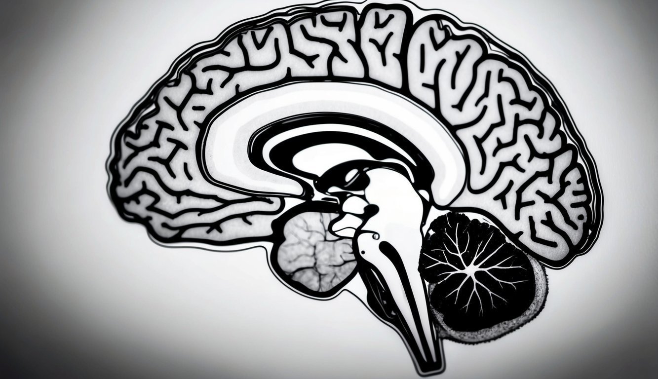 A cross-section of the brain illustrating its various regions and structures, distinctly delineated and labeled