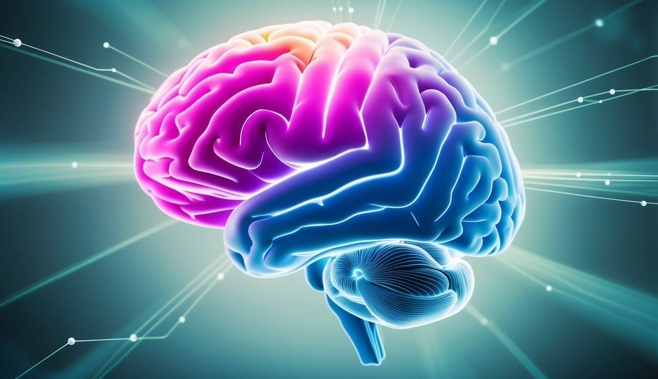 An abstract, colorful depiction of the brain, highlighting distinct regions and interconnected neural pathways