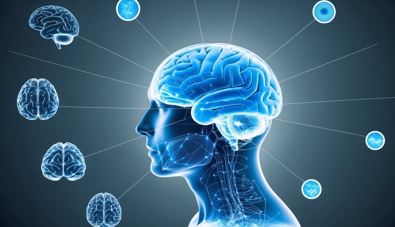 Brain regions depicted as interconnected networks, highlighting cognitive functions and advanced mental processes