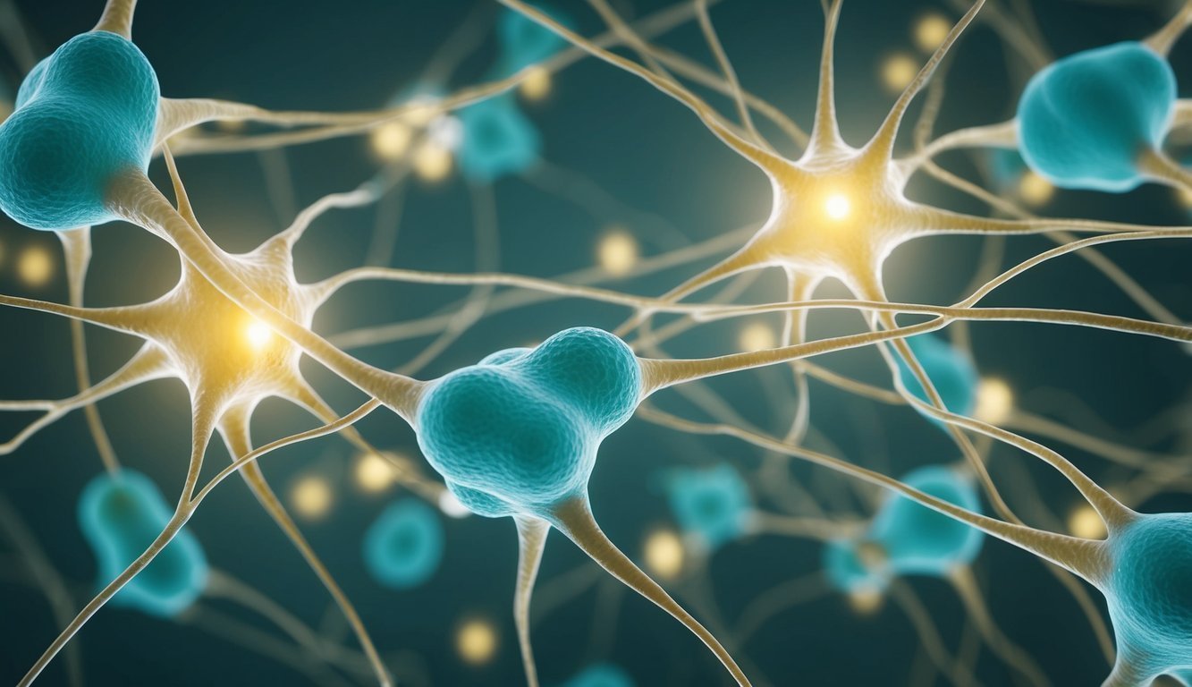 Neurotransmitters flowing between neurons, influencing and modulating their action