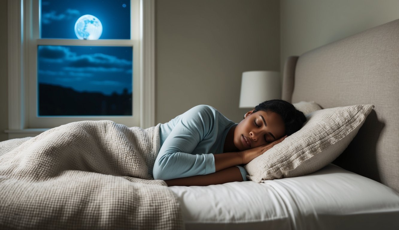 A cozy bedroom with a comfortable bed, moonlight filtering through the window, and a tranquil sleeper experiencing various sleep stages