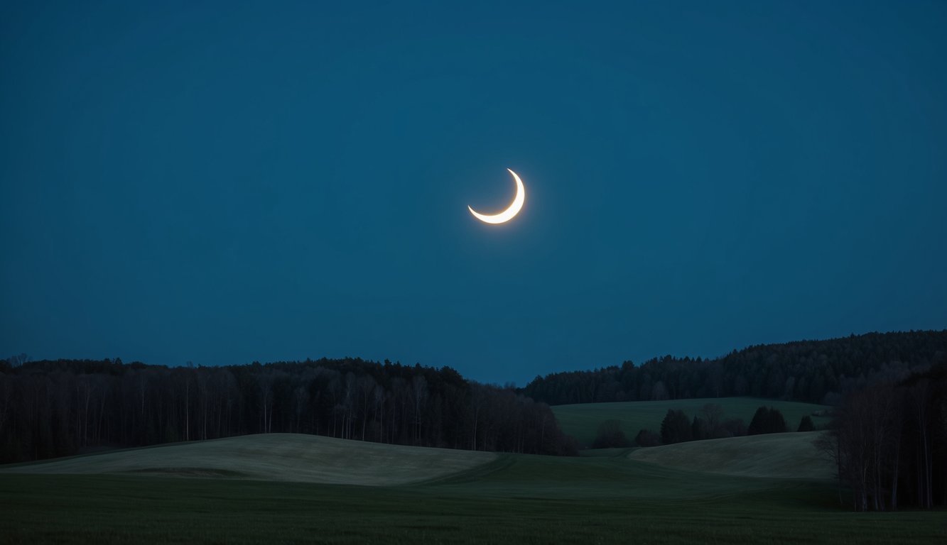 A tranquil night sky with a crescent moon illuminating a peaceful landscape of rolling hills and a serene forest