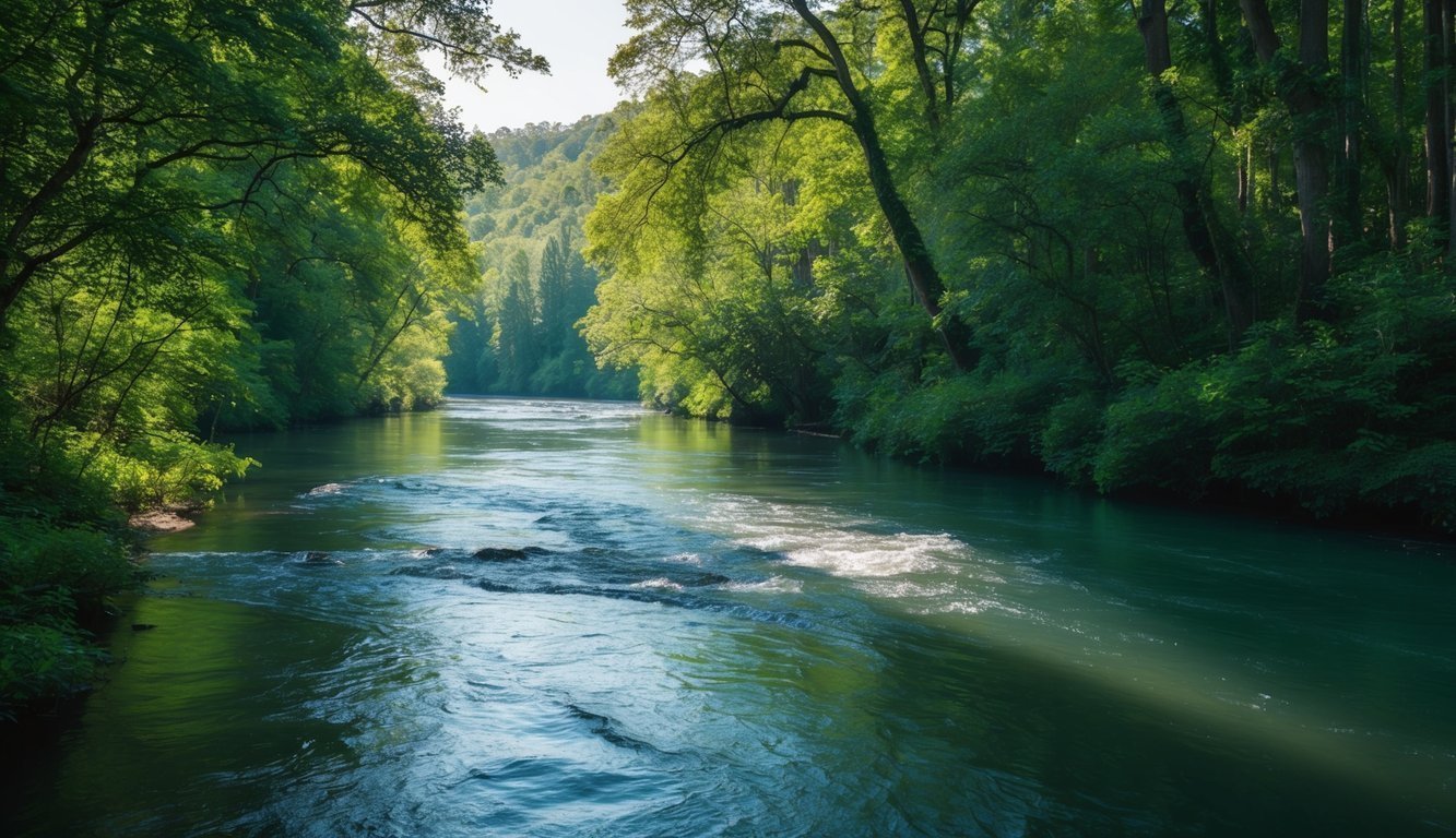 A peaceful river winding through a lush forest, sunlight filtering through the leaves and illuminating the water