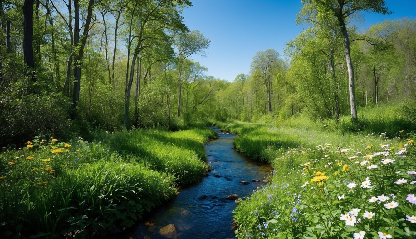 A tranquil forest with a gentle stream bordered by vibrant blossoms and lush greenery under a clear blue sky