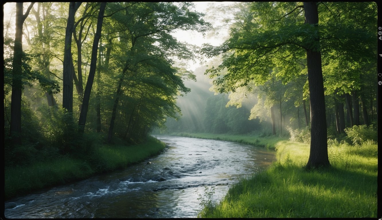 A peaceful forest featuring a winding river, sunlight filtering through the trees, and a calm atmosphere