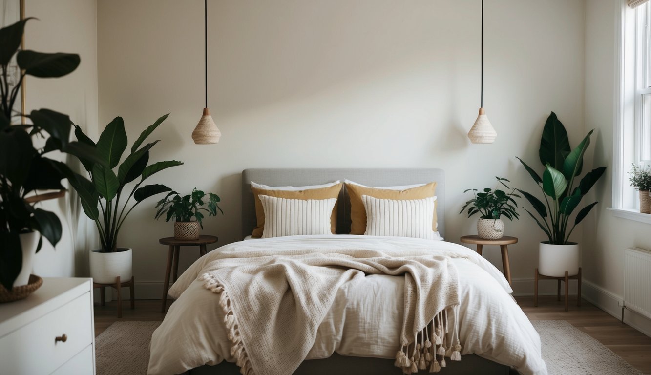 A cozy bedroom with a warm, inviting bed surrounded by calming elements such as soft lighting, plants, and a serene color palette