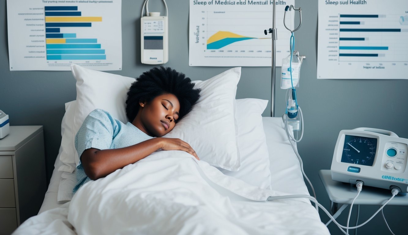 A person sleeping peacefully in bed, surrounded by medical equipment and charts showing the correlation between sleep and mental health