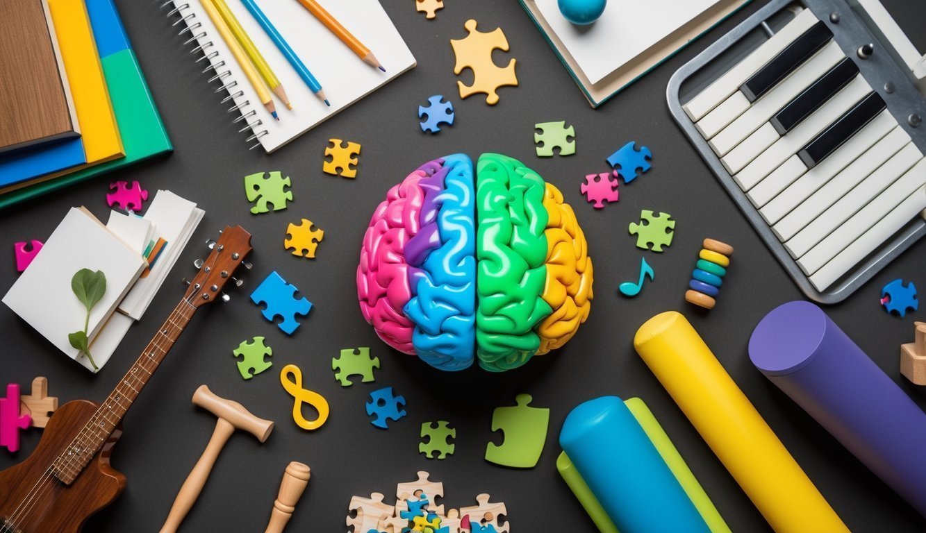 A colorful brain surrounded by various stimulating elements like books, puzzles, musical instruments, and exercise equipment