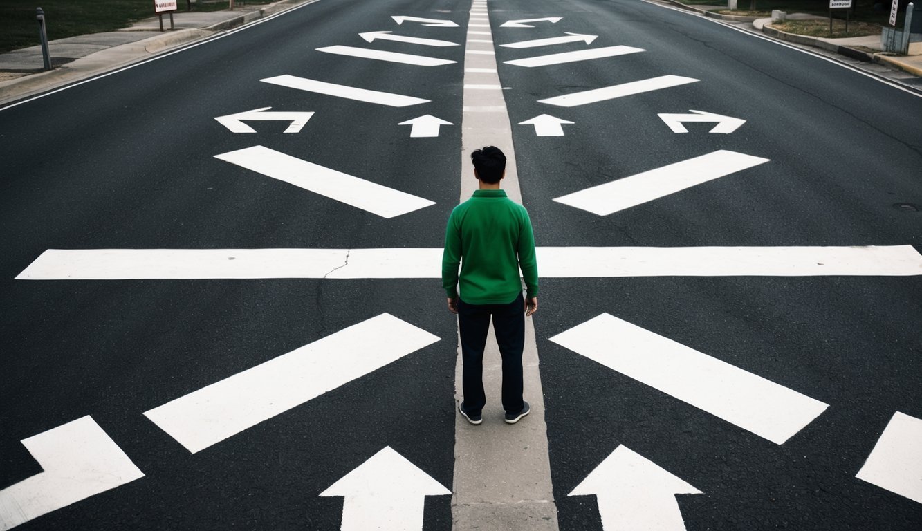 A person standing at a crossroads, with multiple paths leading in different directions, surrounded by signs and arrows pointing various ways