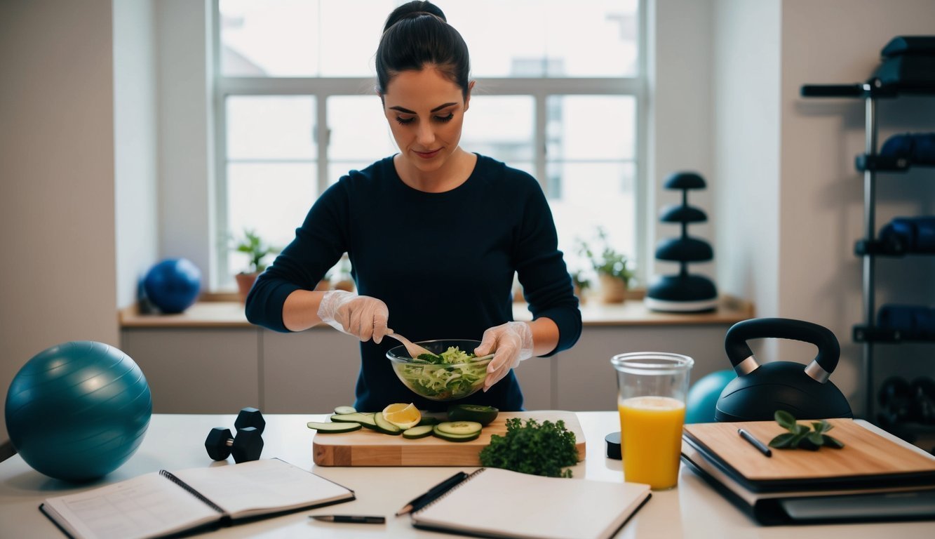 A person preparing a healthy meal surrounded by exercise equipment and a daily planner