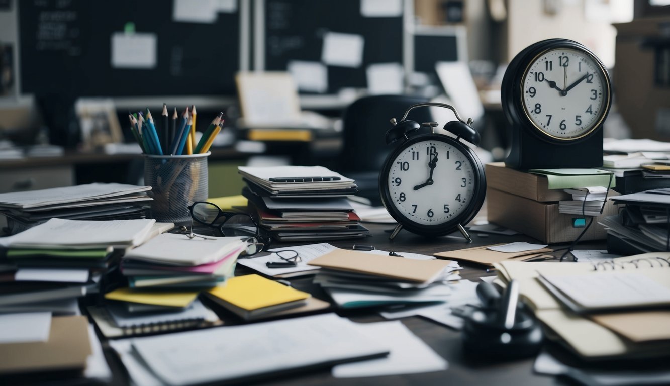 A cluttered desk with multiple options and a clock showing the passage of time, surrounded by a chaotic environment