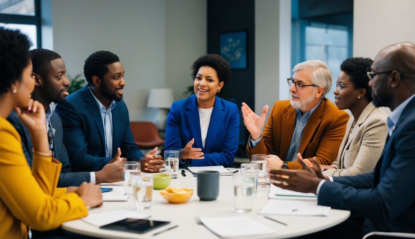 A diverse group of individuals gathered around a table, engaged in a lively discussion, each person expressing their unique perspectives and opinions