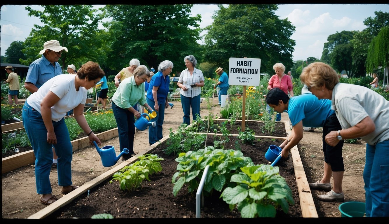 People gathering at a communal garden, watering plants and tending to the soil.</p><p>A sign with a habit formation message is posted nearby