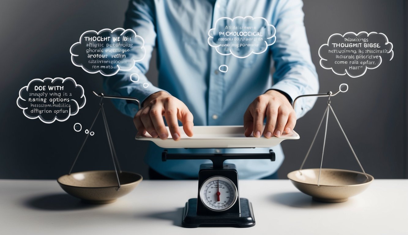 A person weighing options on a scale, with thought bubbles illustrating various psychological factors affecting their decision-making process