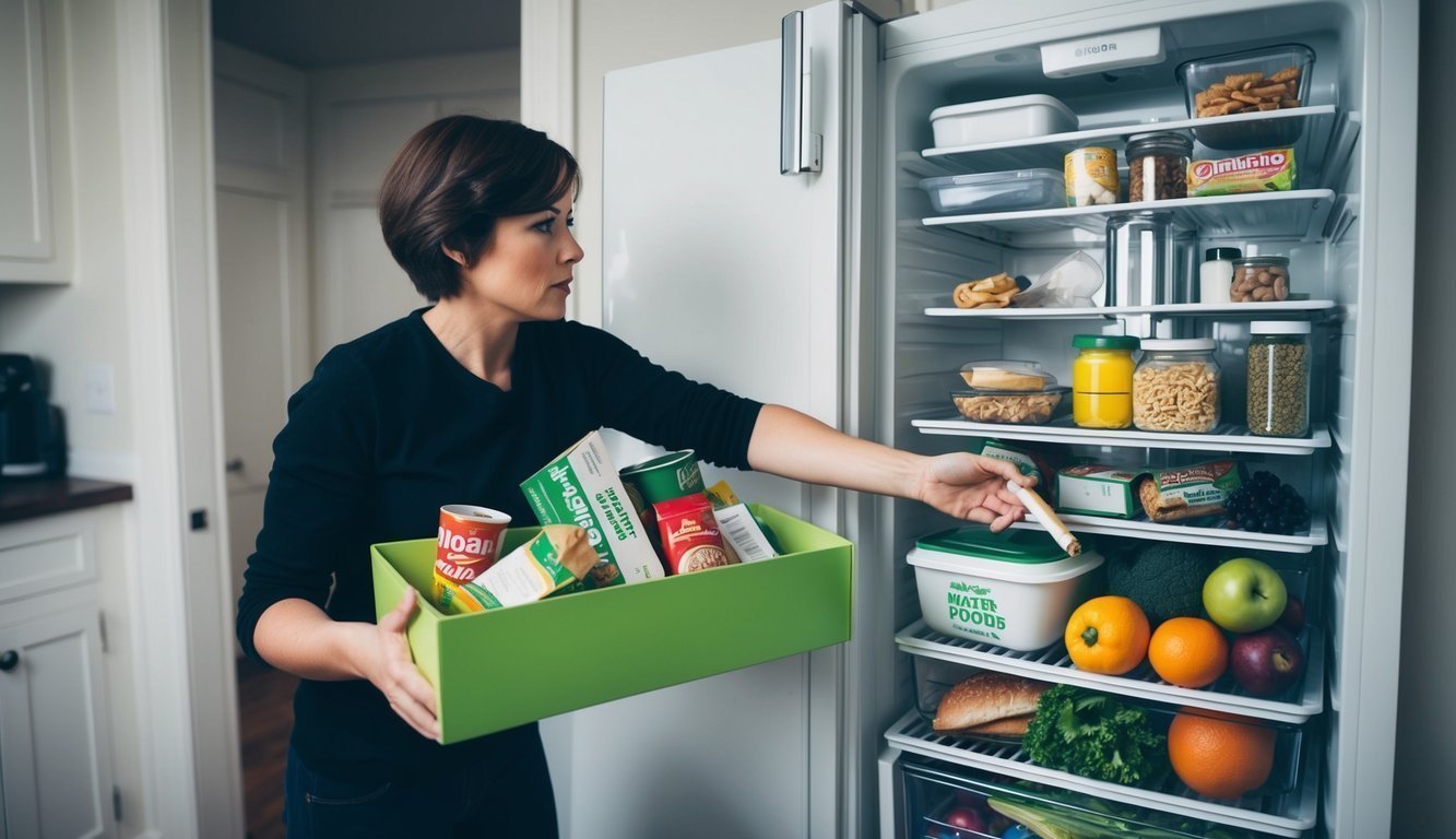 A person throwing away cigarettes and junk food, while filling their fridge with healthy food