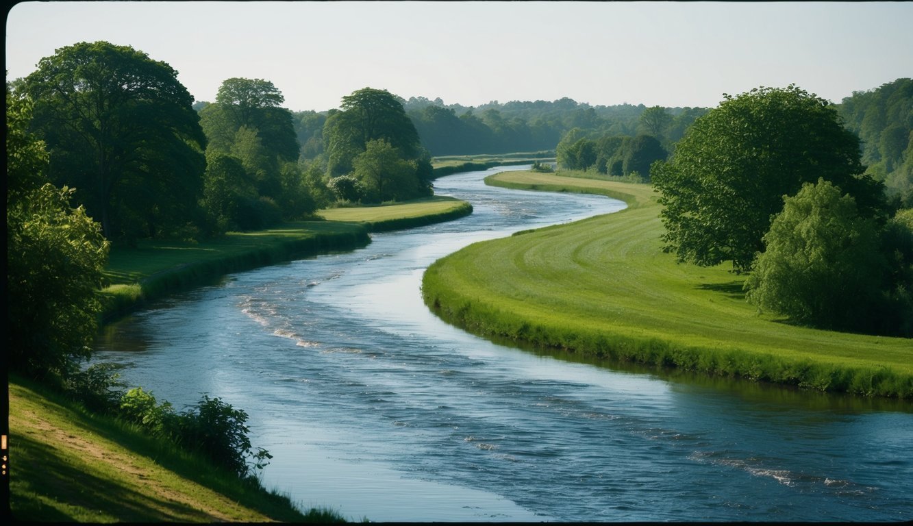 A serene landscape with a winding river, lush greenery, and a peaceful atmosphere, conveying calm and relaxation