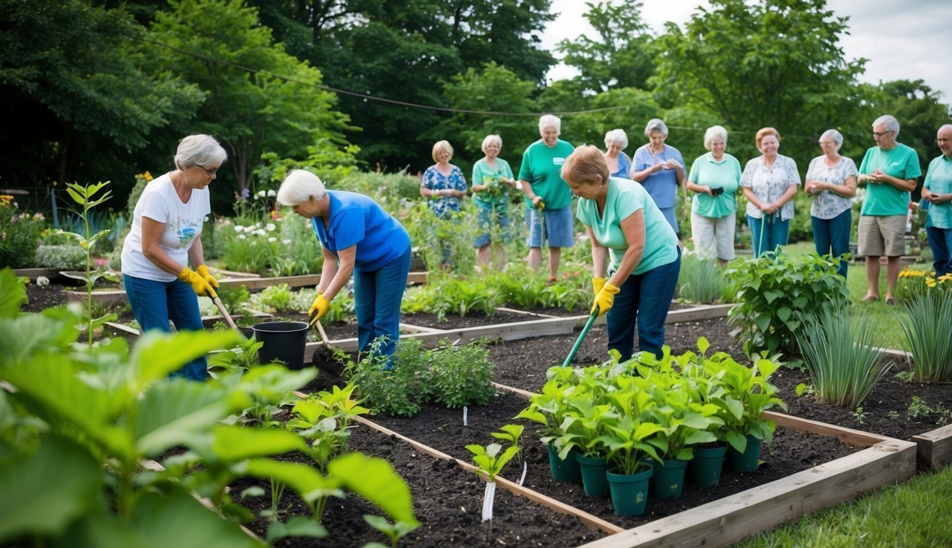 A serene garden with weeds being pulled and new plants being nurtured, surrounded by a peaceful and supportive community