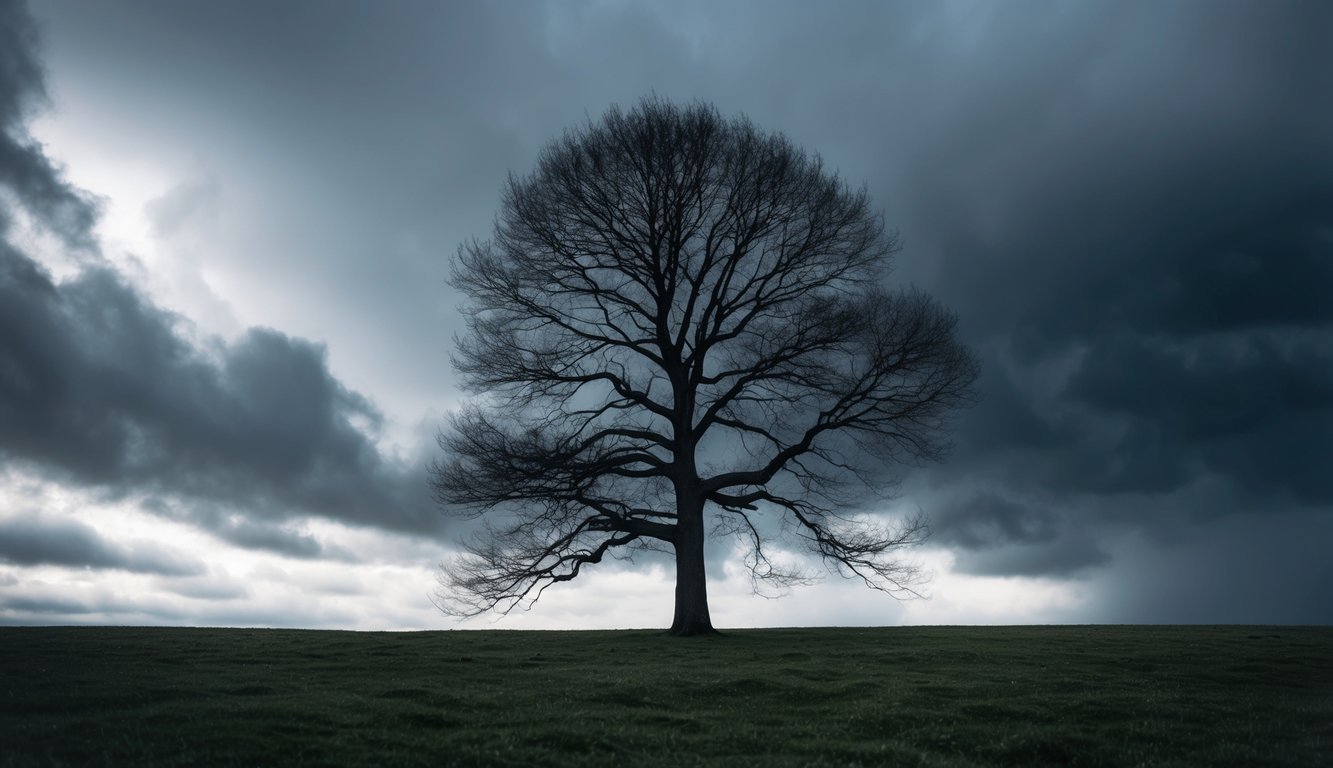 A lone tree stands strong amidst swirling winds and dark clouds, symbolizing resilience in the face of stress