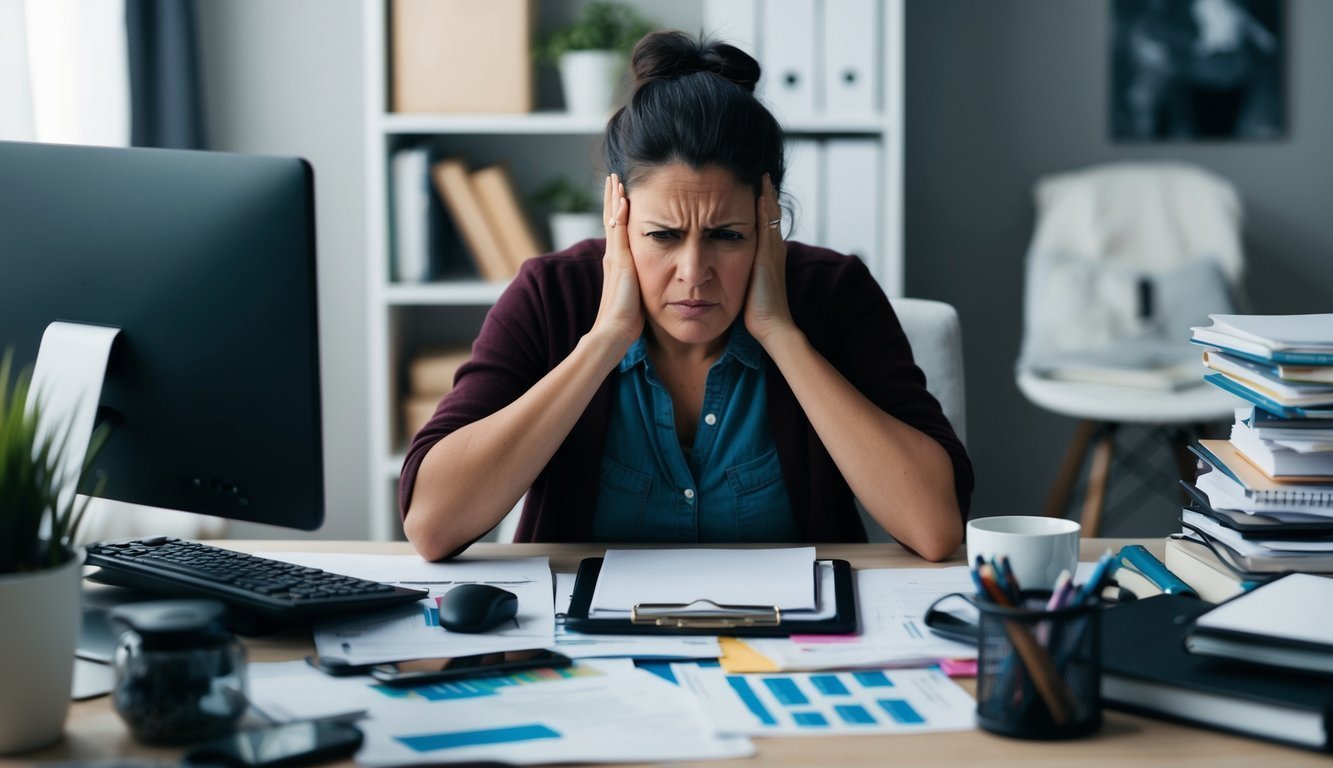 A person sitting at a cluttered desk, surrounded by work, family, and financial stressors.</p><p>They appear overwhelmed and tense, with a furrowed brow and clenched jaw