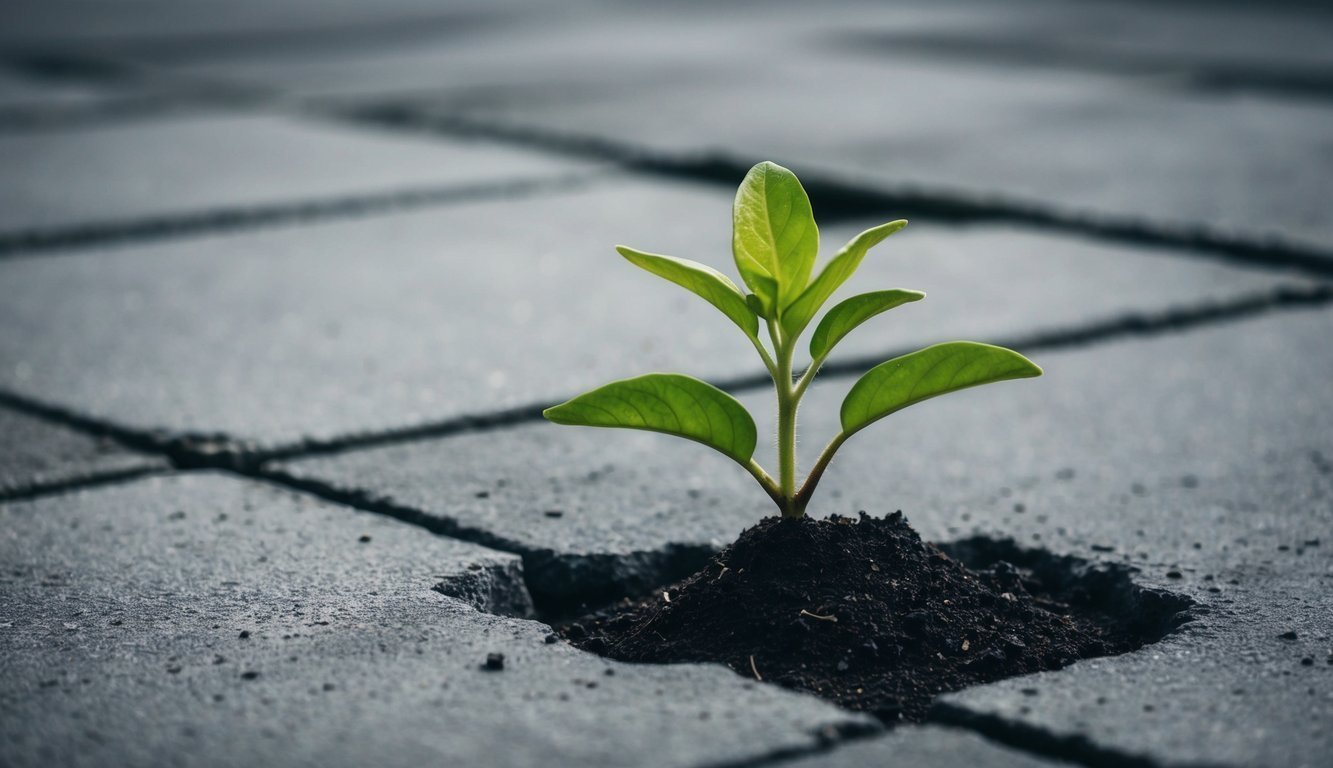 A seedling breaking through concrete, symbolizing positive change and breaking bad habits