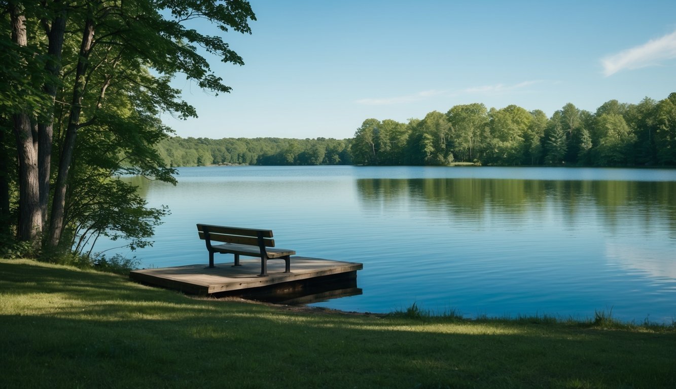 A peaceful nature scene with a calm lake surrounded by green trees and a clear blue sky.</p><p>A small dock with a bench offers a serene place for reflection and relaxation