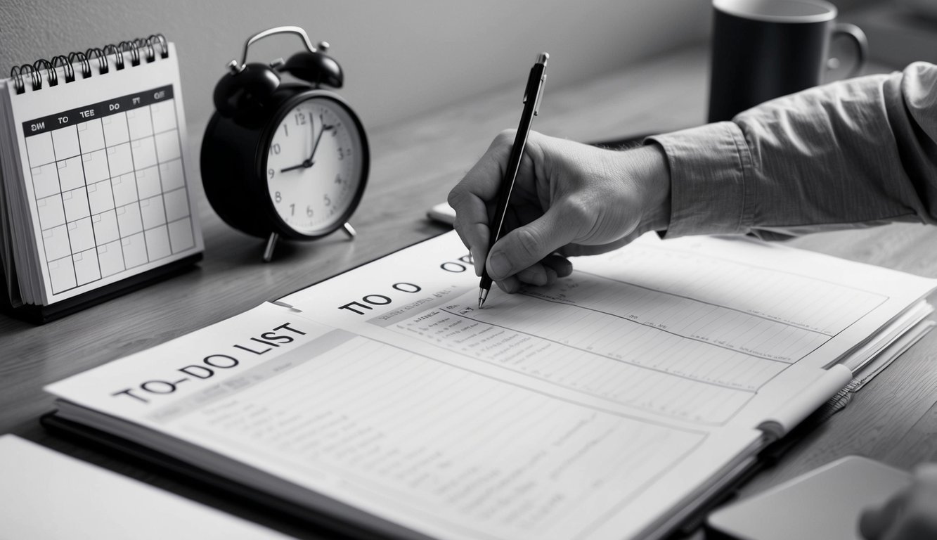 A desk with a calendar, clock, and to-do list.</p><p>A person crossing off tasks on the list