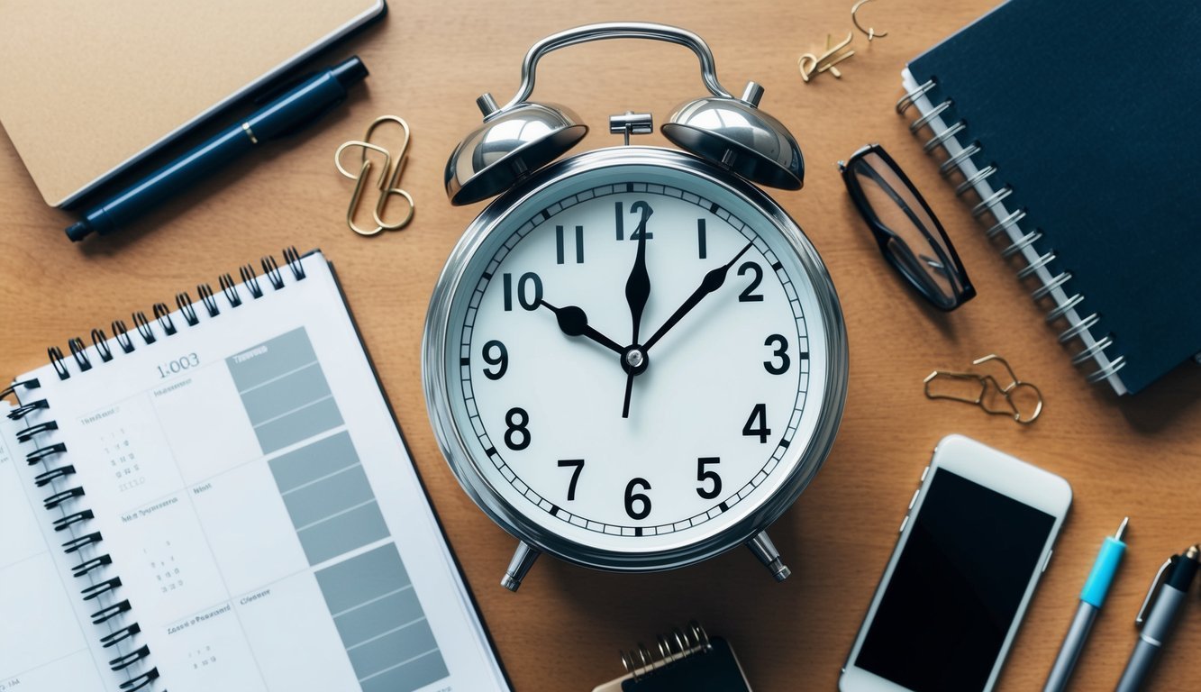 A clock surrounded by various tools and techniques, such as a calendar, planner, and smartphone, symbolizing effective time management