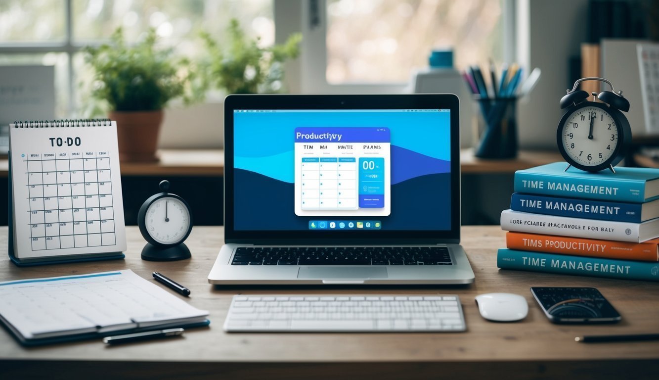 A cluttered desk with a calendar, to-do list, and timer.</p><p>A laptop showing a productivity app.</p><p>A stack of time management books