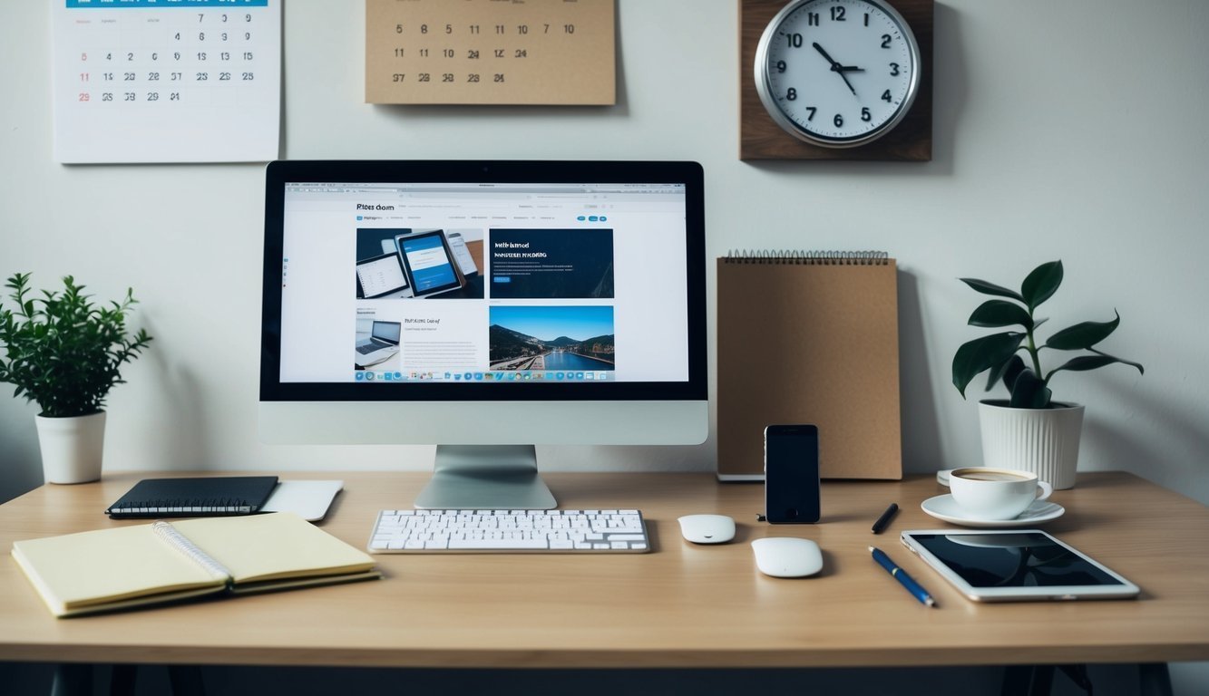 A desk with a computer, notebook, pen, and smartphone.</p><p>A calendar and clock on the wall.</p><p>A plant and a coffee mug