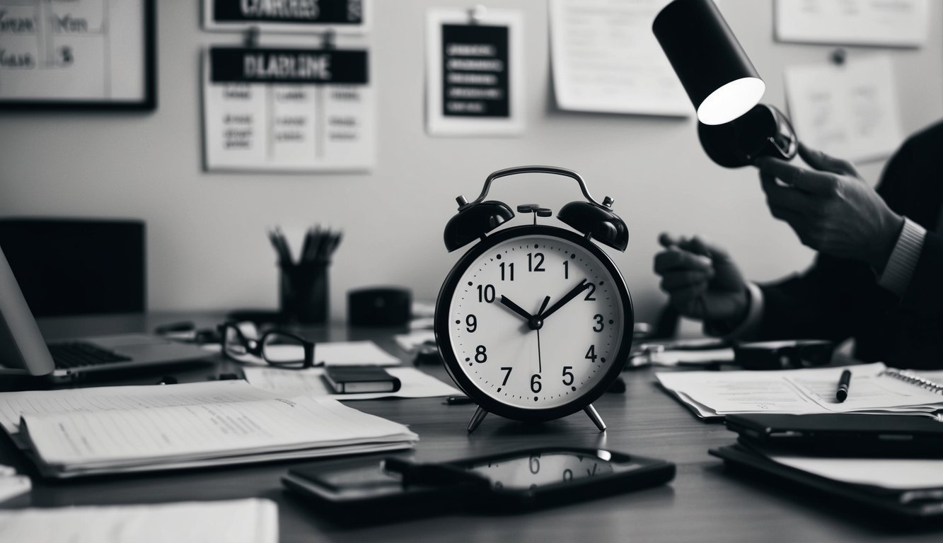 A cluttered desk with a clock showing multiple deadlines and a person juggling tasks