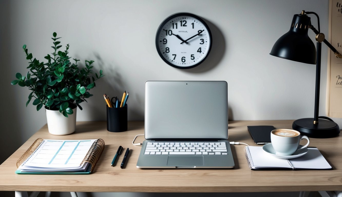 A tidy desk featuring an organized planner, laptop, a coffee cup, and a plant.</p><p>A clock on the wall reads 6:00 AM