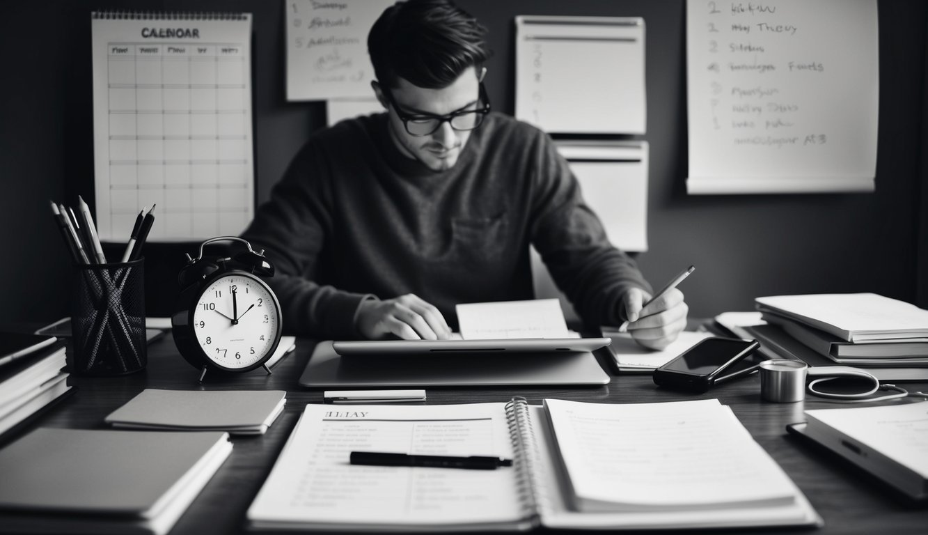 A cluttered desk with a calendar, clock, and to-do list.</p><p>A person multitasking between work and personal tasks