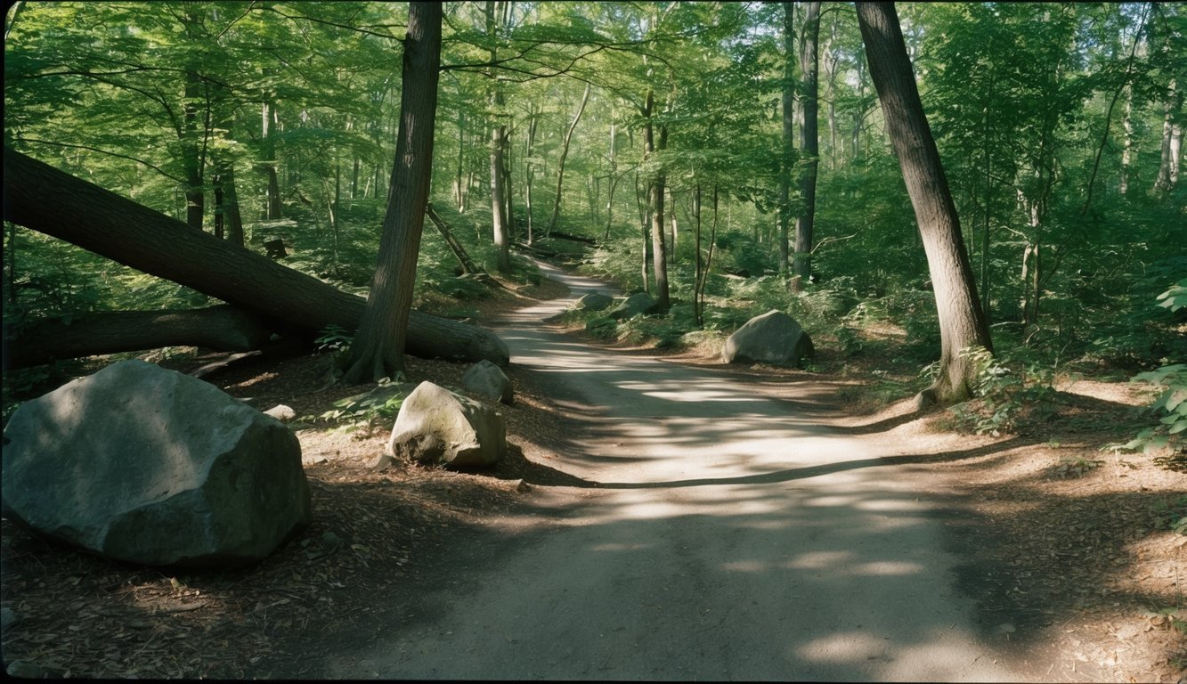 A winding path leads through a dense forest, with obstacles such as fallen trees and large rocks.</p><p>Sunlight filters through the leaves, casting dappled shadows on the ground