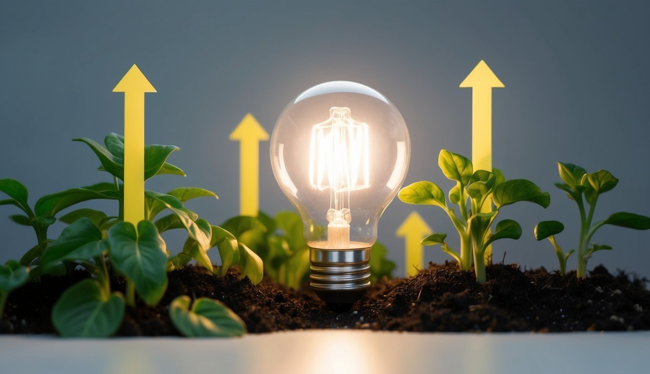 A bright light bulb surrounded by growing plants and arrows pointing upwards