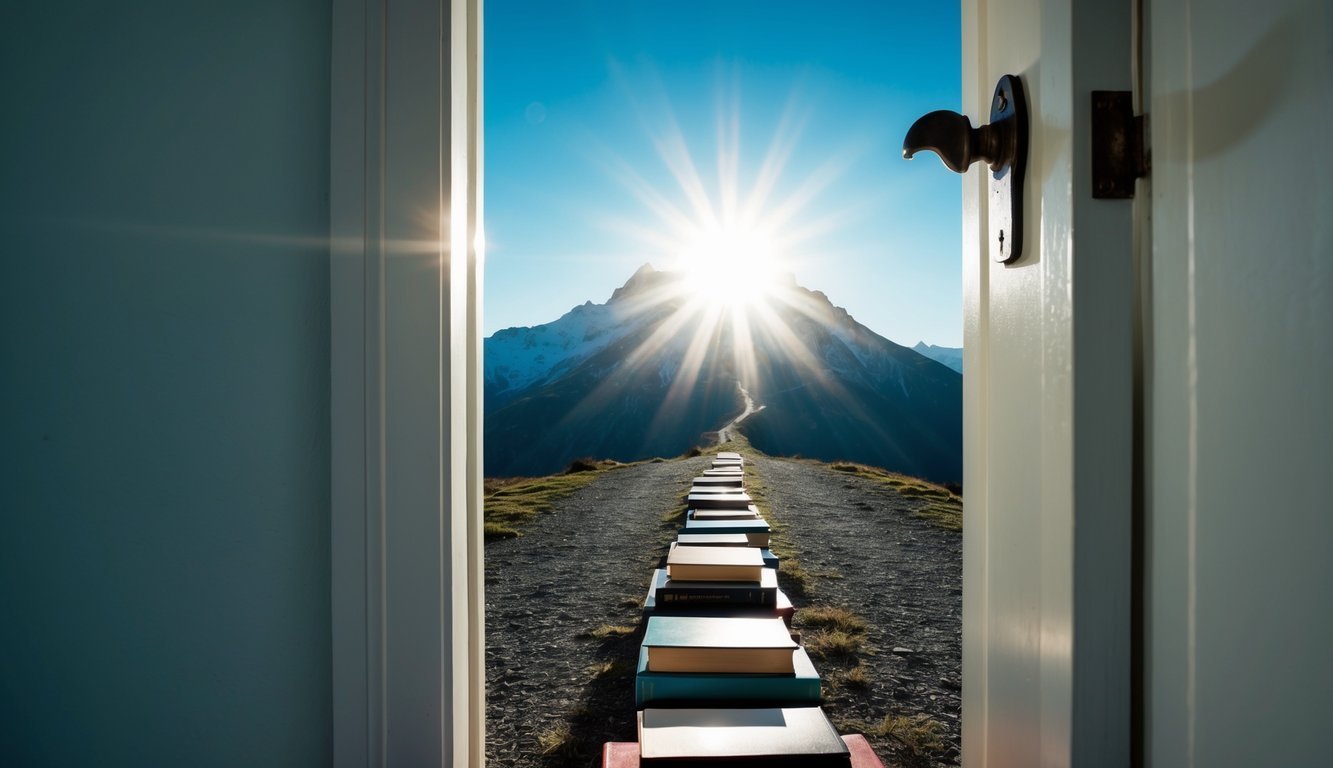 A bright light shining through a keyhole, illuminating a path of books leading to a mountain peak