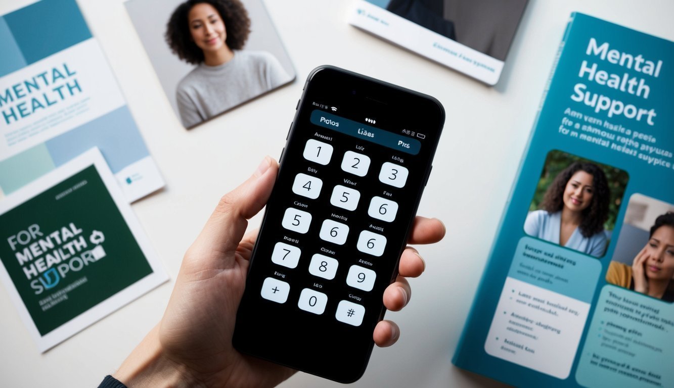 A phone with multiple lines lit up, surrounded by calming images and resources for mental health support