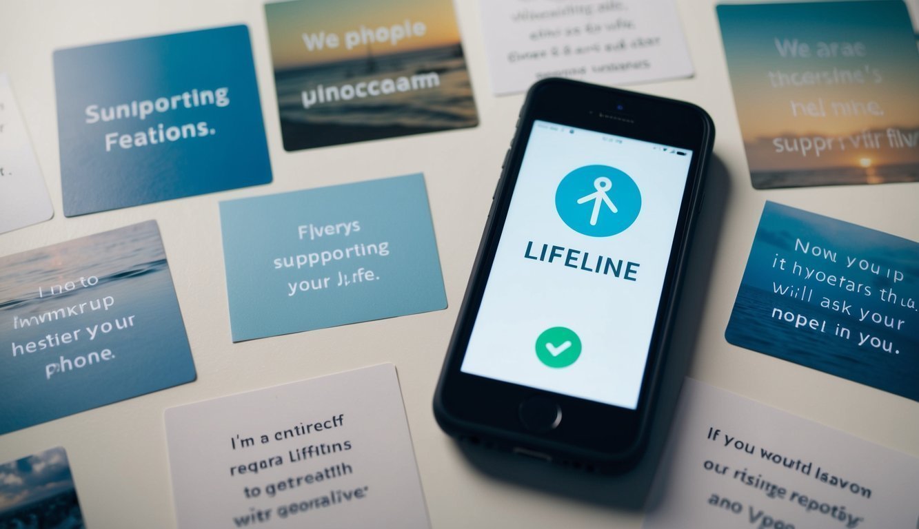 A phone with a lifeline symbol on the screen, surrounded by calming images and supportive messages