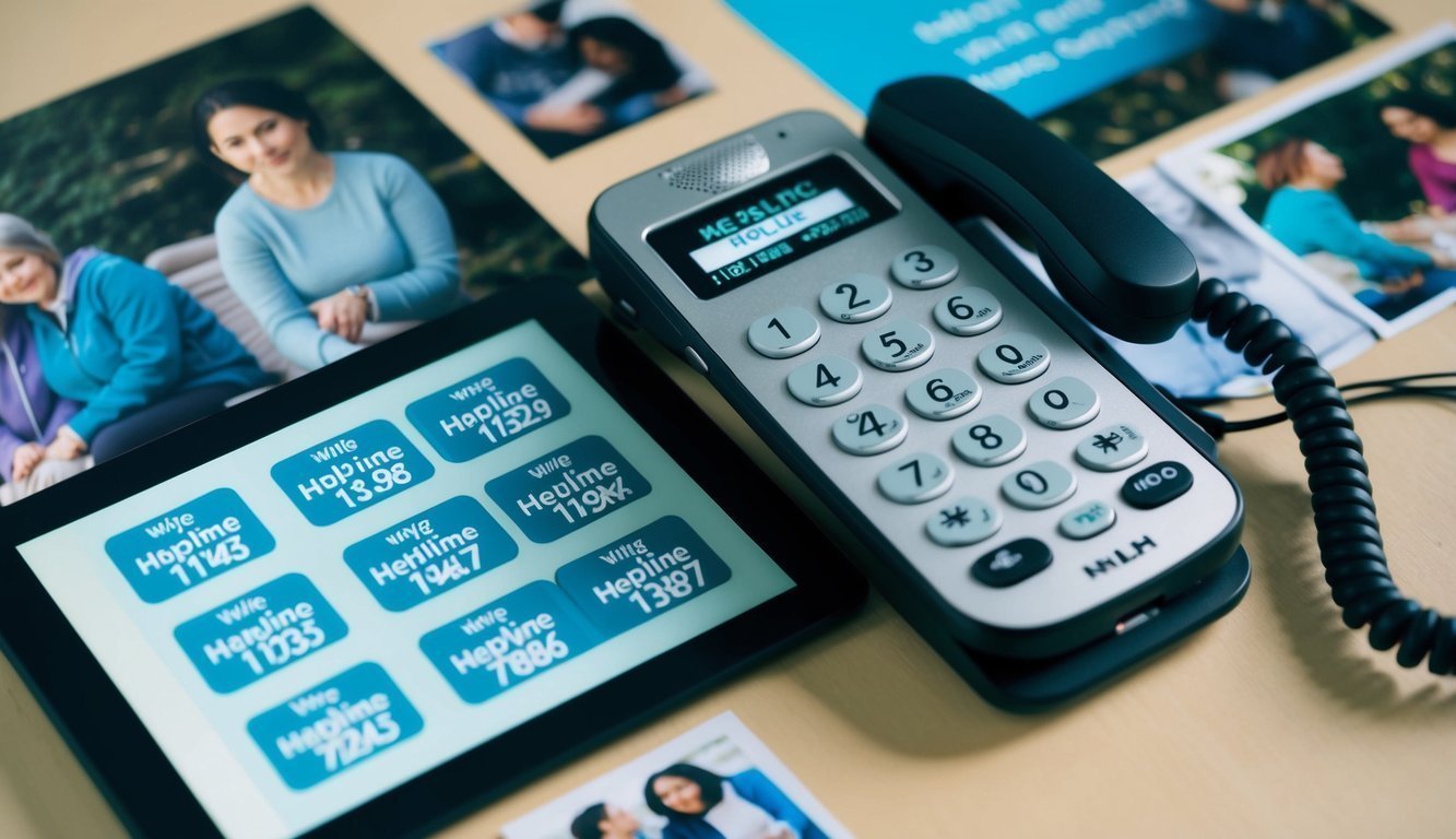 A phone with multiple helpline numbers displayed on the screen, surrounded by comforting and supportive imagery